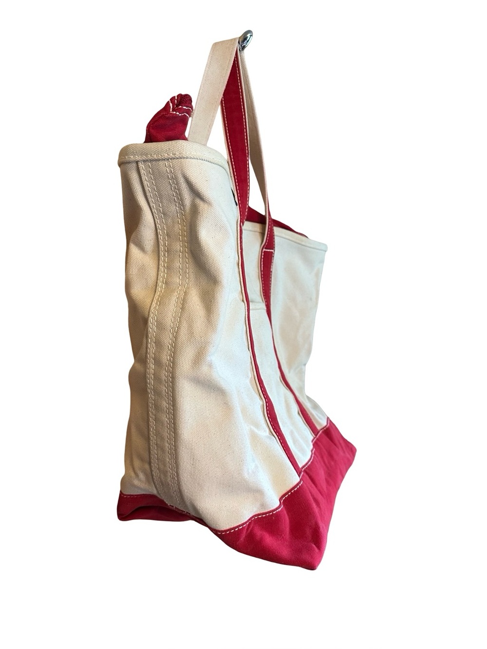 Lands' End Zip Top Canvas Tote Boat Bag Natural and Red Large - Picture 5 of 8